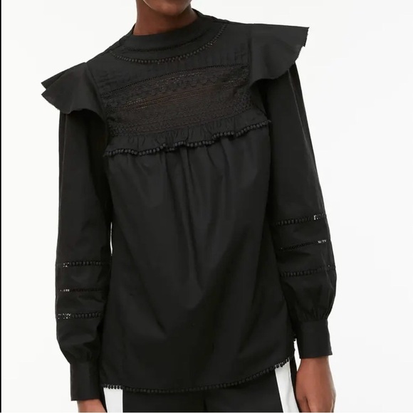 J. Crew NWT Black Laser cut eyelet details Lace smocked Detail Blouse M